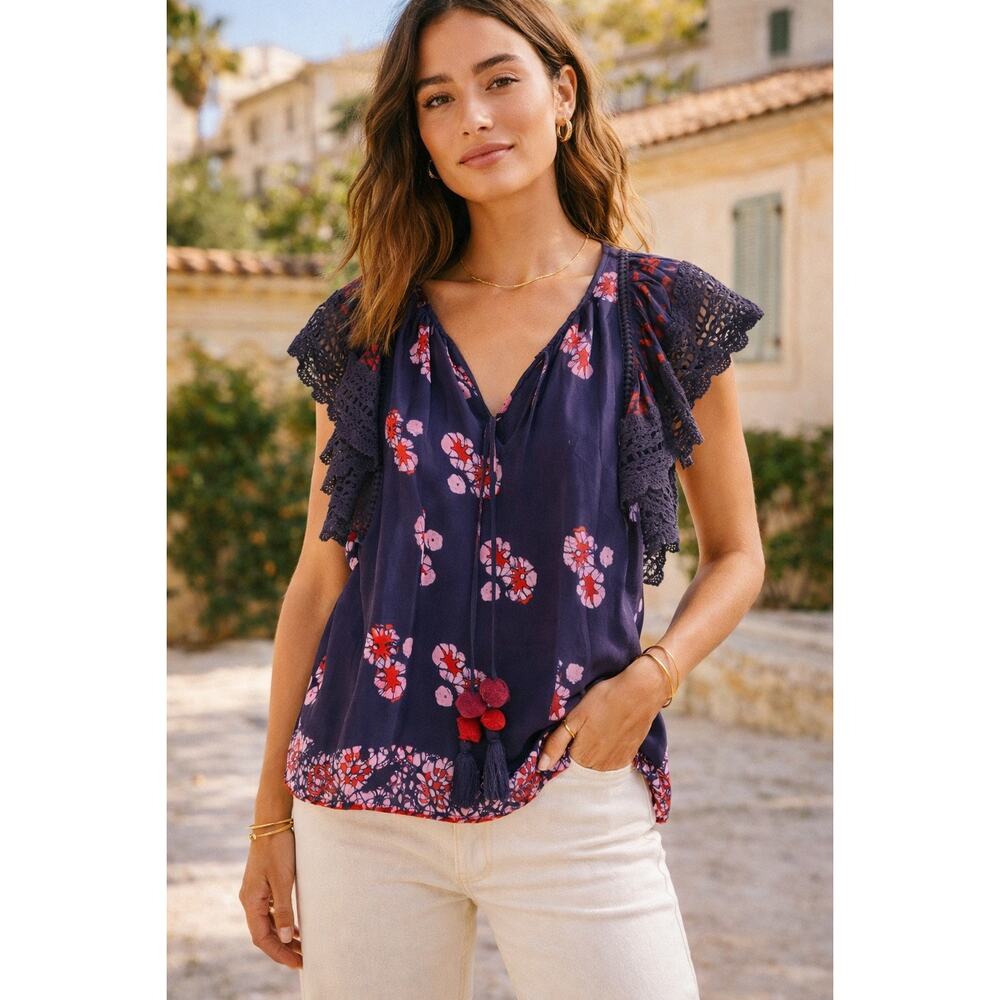 Sea New York Floral Ruffle Sleeve Blouse Navy Red Pom Detail 2 - Picture 3 of 16